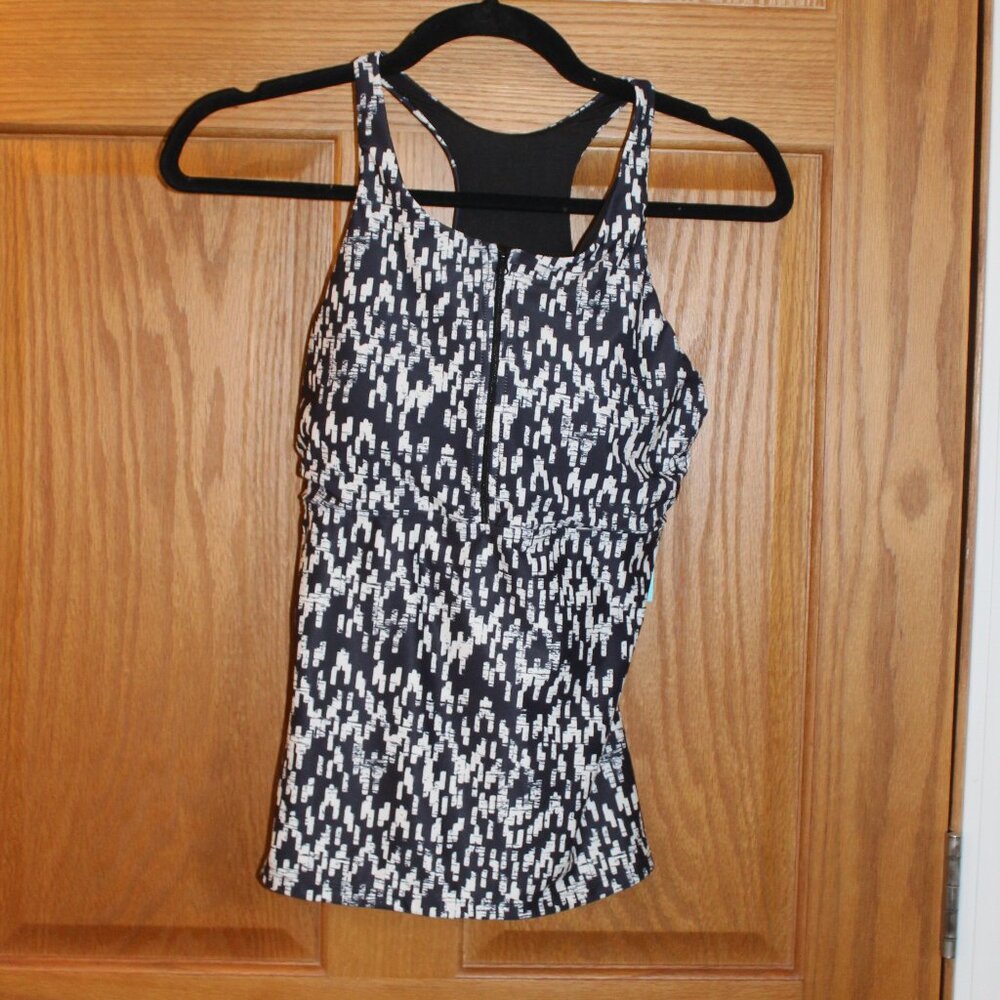 Sol Borne Women's Small B&W Patterned Zip Front Tankini Swim Tank Top - NWT